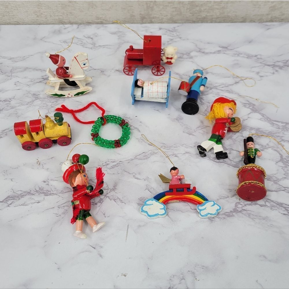 Vintage Colorful Wooden and Metal Christmas Ornaments Set